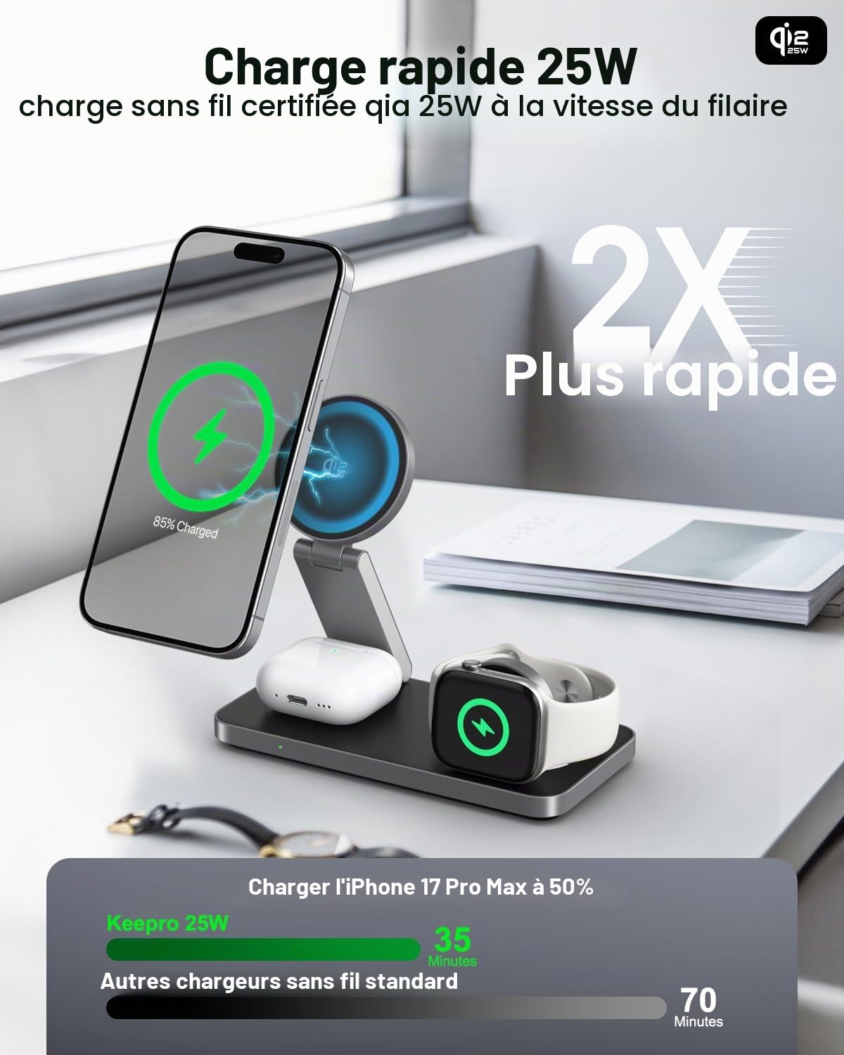 Qi2 25W 3 en 1 Station de Charge Magnétique pour iphone 17e/17/16/15/14/13/12/Air, Compatible avec Apple Watch 11/10/Ultra/SE Pods Pro, Chargeur Pliable avec Adaptateur