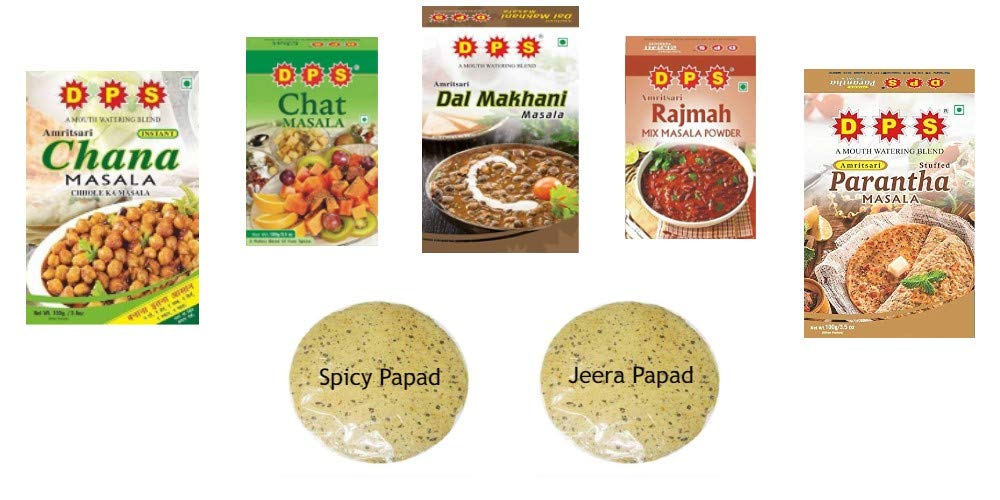 DPS Super Value Combo of 5 Masala Pack (Chana, Chat, Dal Makhani, Prantha, Rajmah, 500g) and Twin Pack of Spicy and Jeera Papad (500g) (B08FCC3JZ5) Amazon Price History, Amazon Price Tracker