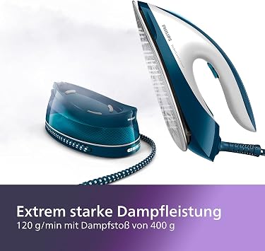 Philips Domestic Appliances Perfect Care Compact Steam Iron OptimalTemp Technology 120 g / min Continuous Steam 2400 W 6.5 Bar Pressure 1.5 Litre Water Tank SteamGlide Soleplate Blue (GC7844 / 20)