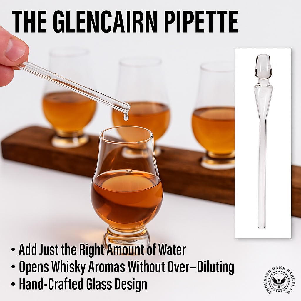 The Wee Glencairn Whiskey Flight Stave - Crystal Bourbon Glass Kit with Reclaimed Oak Barrel Stave Serving Tray, Mini Glen Cairn Whisky Glass Set of 4 & Whiskey Glass Pipettes Dropper