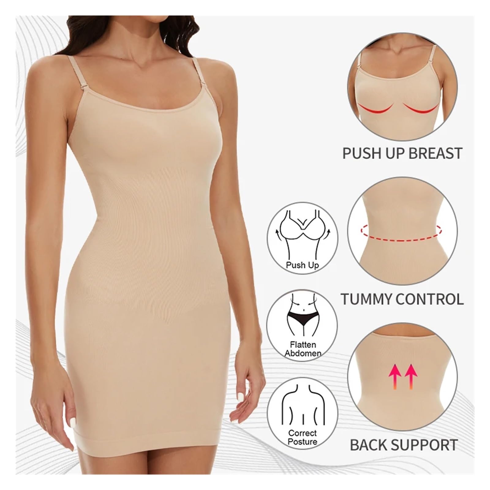 Vestido Moldeador Camisola Moldeadora sin Costuras for Debajo de los Vestidos, Moldeadora de Cuerpo Suave for Mujer, Control de Abdomen, camisón Adelgazante(Pink,L)