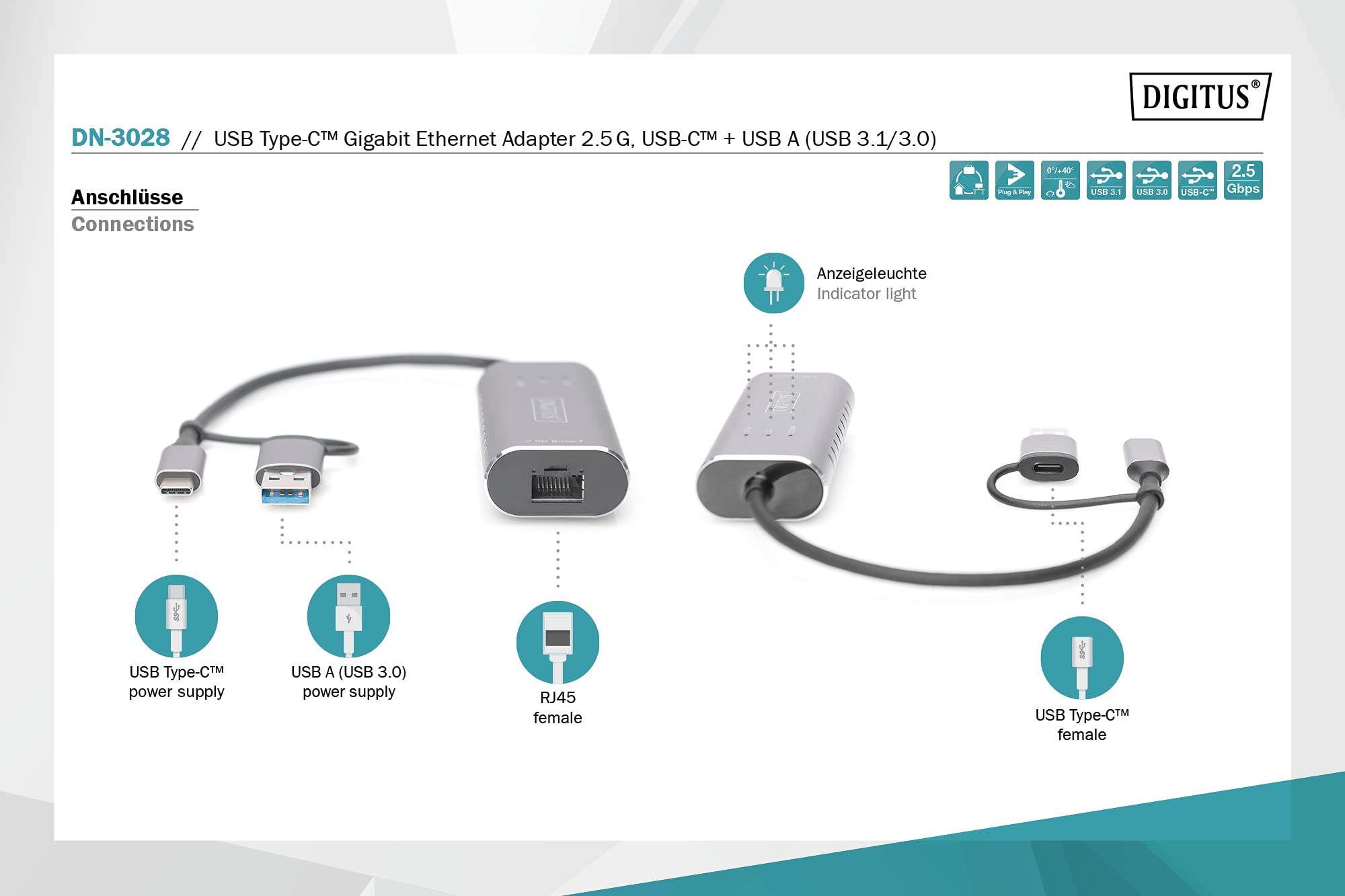 DIGITUS Adapter sieciowy USB - 2,5 Gbit/s - RJ45 do USB-C 3.1 - wraz z adapterem typu A - pełny dupleks - Auto MDI-X - szary
