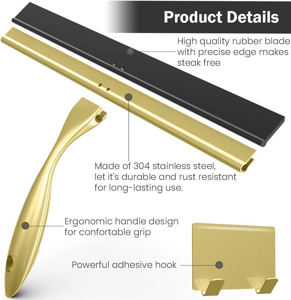 Image of OPERNEE Shower Squeegee with Self Adhesive Hook, 10 Inches Stainless Steel Squeegee Cleaner, All-Purpose Window Scraper for Bathroom Doors, Mirror, Windows and Car Glass, Brushed Gold