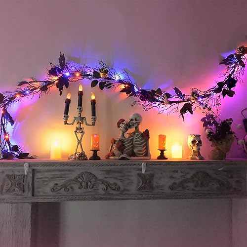 Miniatura 10 de Guirnalda de ramas muertas de Halloween con temporizador, paquete de 2 unidades de 6 pies, 30 luces LED, funciona con pilas, guirnalda de ramas