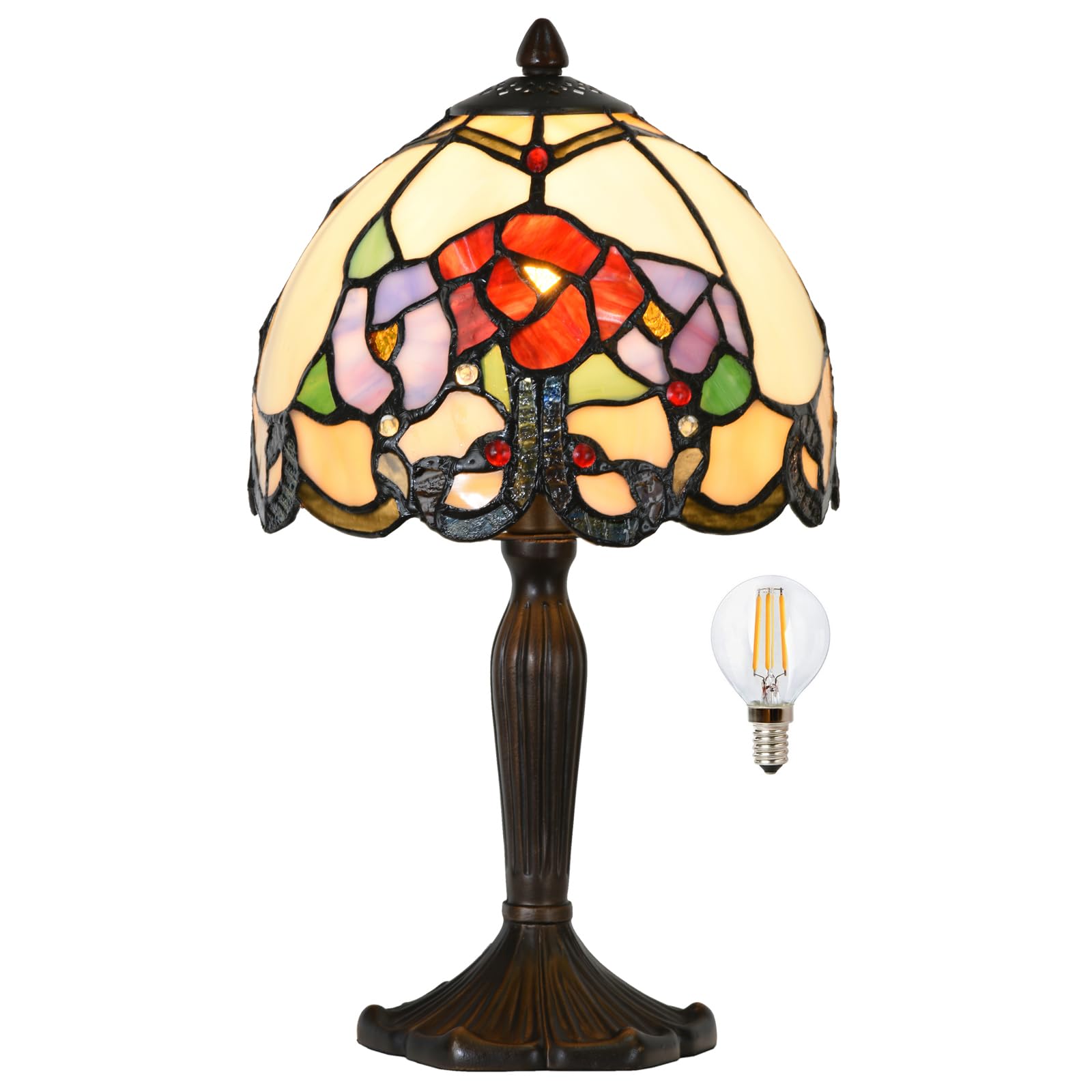 HomeBeauty TL0010 Tiffany Lamp Rose Flowers Design Stained Glass Table Lamp 8" D x 14.25" H for Living Room Bedroom Bedside Nightstand Home Office,