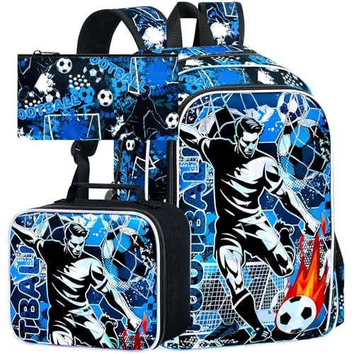 UFNDC Mochila de futebol infantil com 3 peças, para meninos, com lancheira, 43 cm, resistente à água, mochila escolar para adolescentes do ensino fundamental e médio