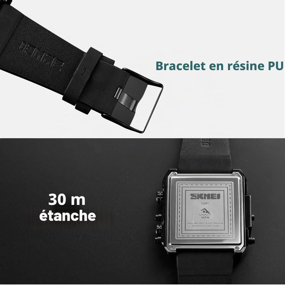 SKMEI Montre de sport numérique pour homme avec grand cadran LED carré et affichage analogique à quartz avec plusieurs fuseaux horaires et chronomètre