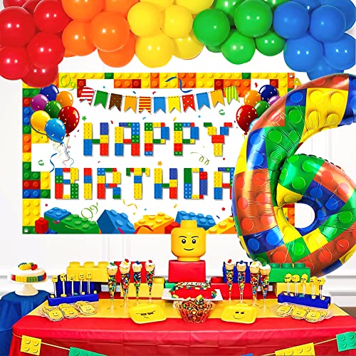 Image of 32 Inch Building Block Number 6 Balloons 6 year birthday Block Themed Large Big Helium Foil Mylar Balloon for Girls Boys 6 th Birthday Party Decoration Supplies