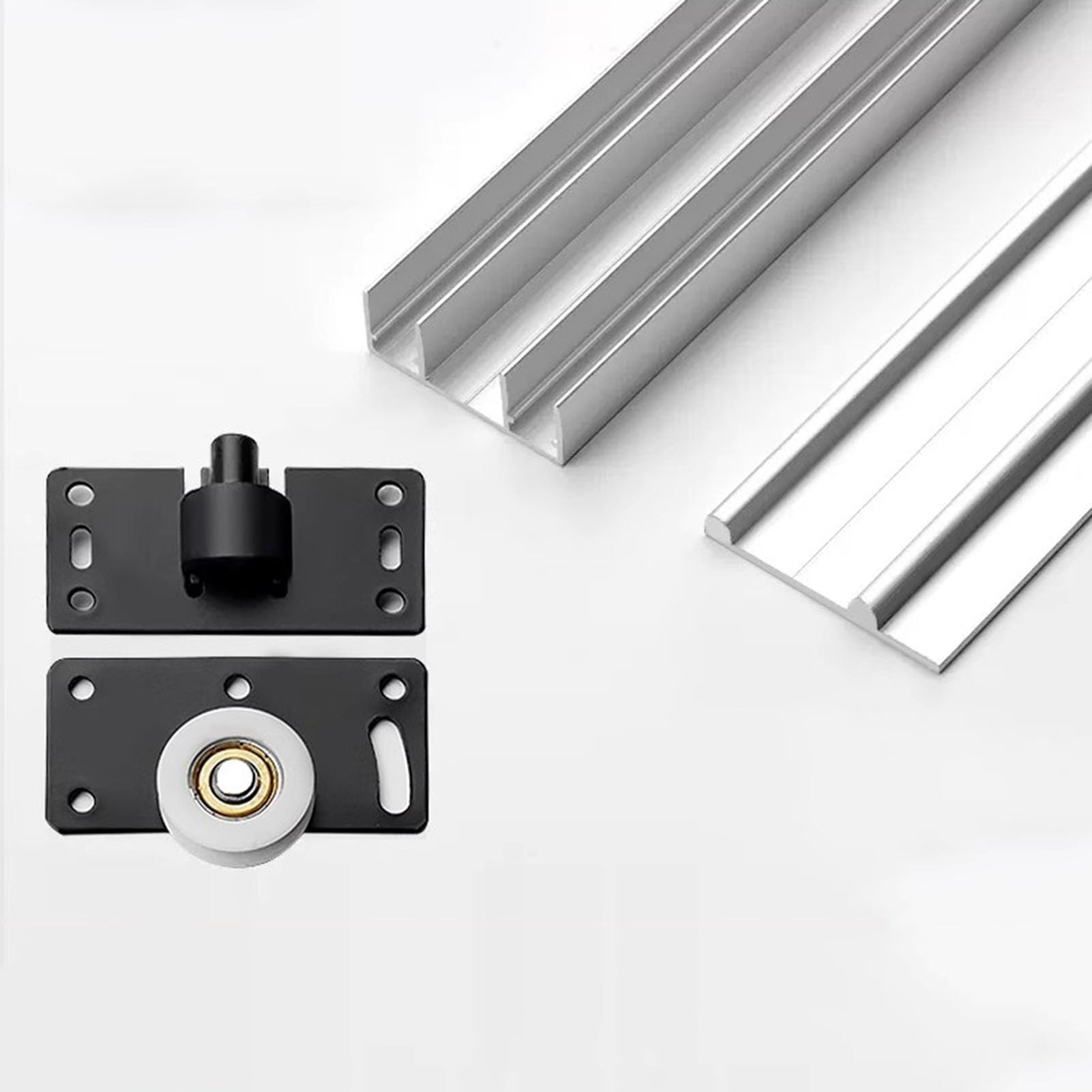 Schiebetürschiene for den Kleiderschrank, Beschlagsatz for Schiebetüren aus Aluminium, Zwei Reihen von Riemenscheiben, leiser und reibungsloser Betrieb, (Silver,110cm)