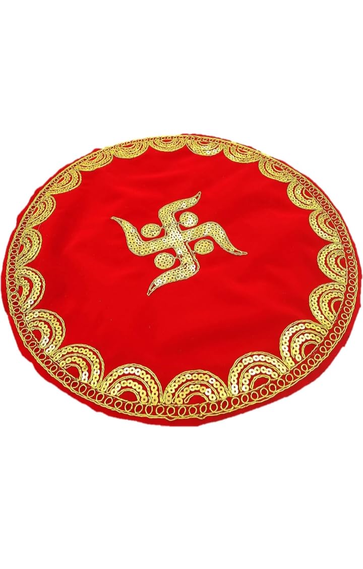 Shree RADHEY Outlet Aasan for God Mandir Prasad Thali Cover Thal-Posh with Swastik Embroidery Design for Diwali, Navratri and Various Puja Rituals