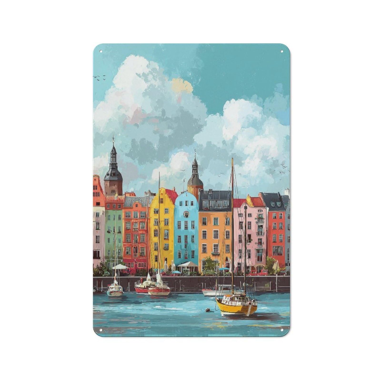 Simple Retro Vibrant Harbor Scene Metal Wall Plaque 30x20cm, Creative Space Decor for Office, Study, Studio Or Hallway