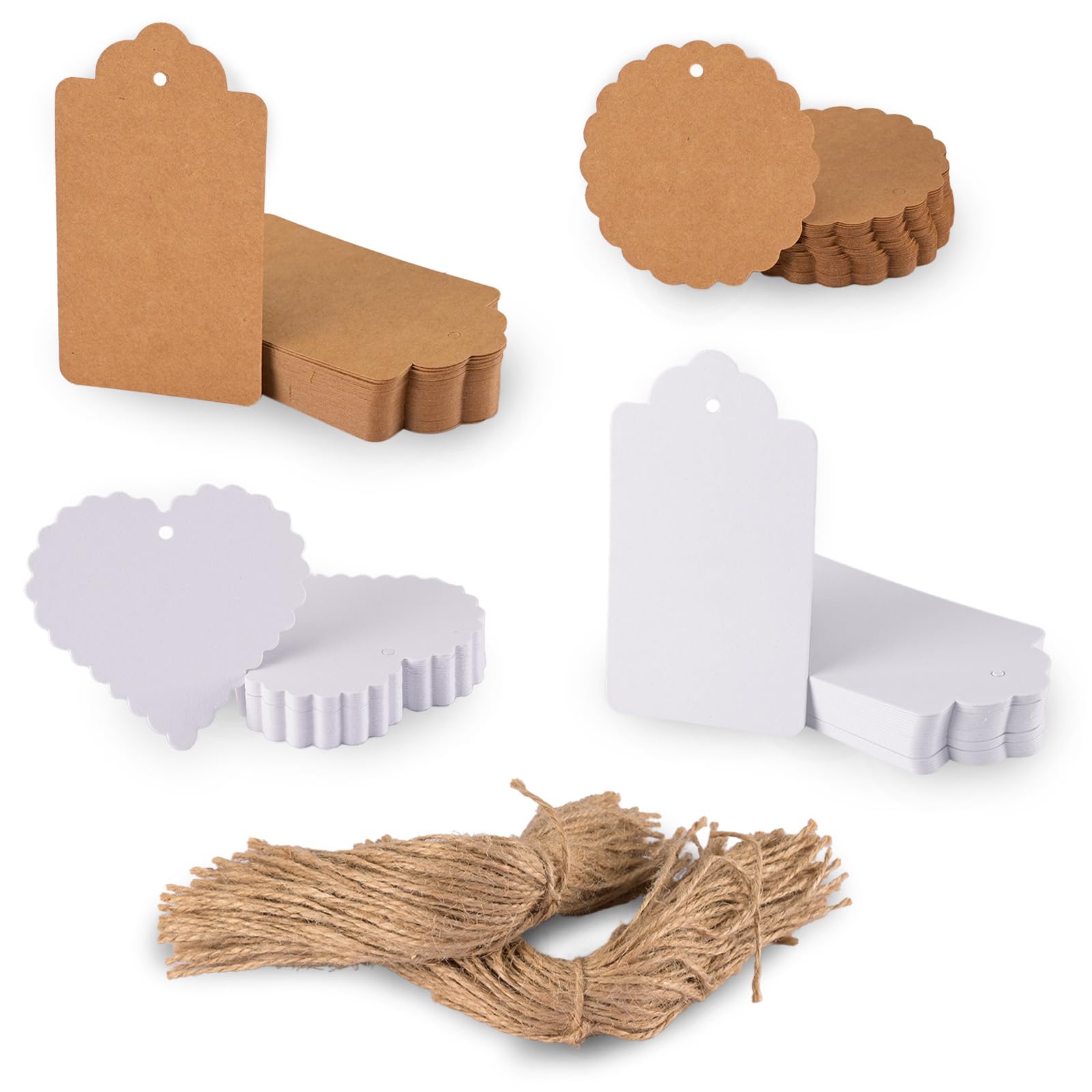 Florence Gift Tags for Presents - 200 pcs - Scalloped Kraft Labels with String - Tags, Circles and Hearts - for Parcels, Wrapping and Card Making