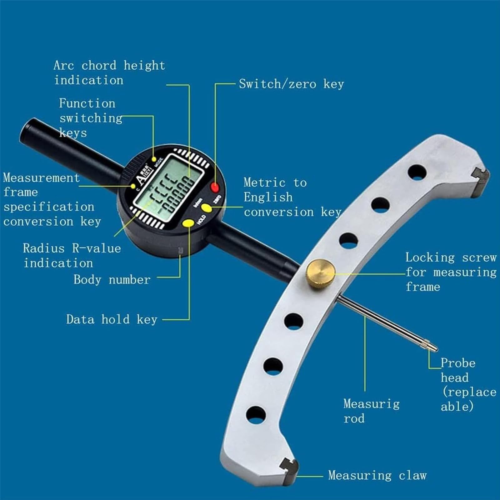 Digitales Radius-Messgerät, elektronisches Innen- und Außenradius-Messgerät, hochgenaues Messwerkzeug, Messbereich 0-50,8 mm mit 200 mm Messbacke