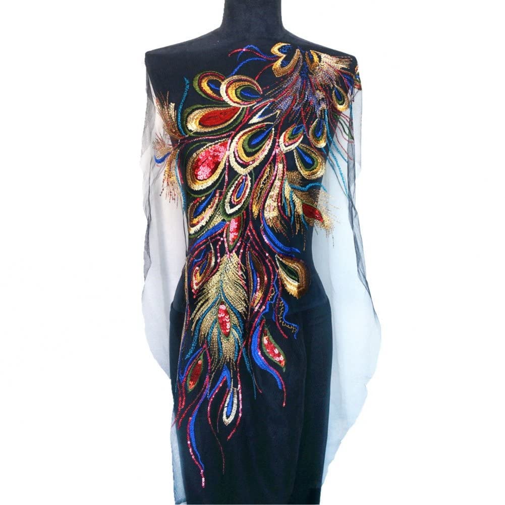 Ericetion Style1 Sequin Phoenix Feather Applique 1Pc Wedding Gown Mesh Gauze Lace Trim Peacock Sewing Patch Diy Embroidery Accessories