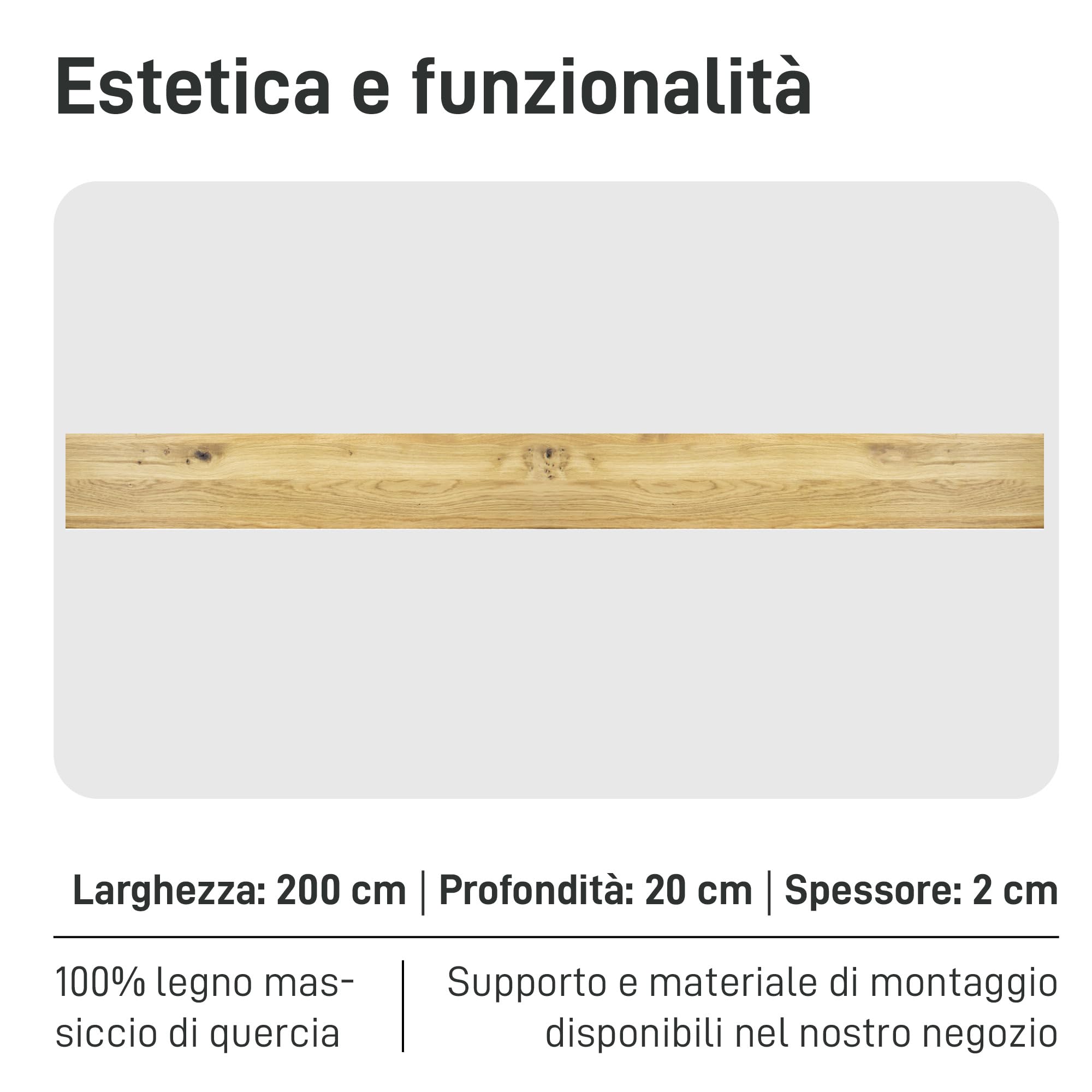 Mensola in legno di quercia da parete, mensola da cucina, davanzale, in legno massiccio, molte misure, stile rustico, supporto per libri, decorazione (profondità 20 cm, larghezza 200 cm