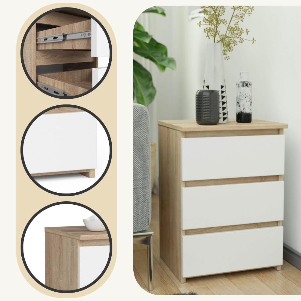 AKORD | Mesita de Noche CL-3 con 3 cajones | Sala de Estar, Dormitorio, Armario, Oficina y Estudio | Diseño Moderno y Funcional | 35 x 40 x 57 cm, 26 kg | Roble Sonona | Blanco