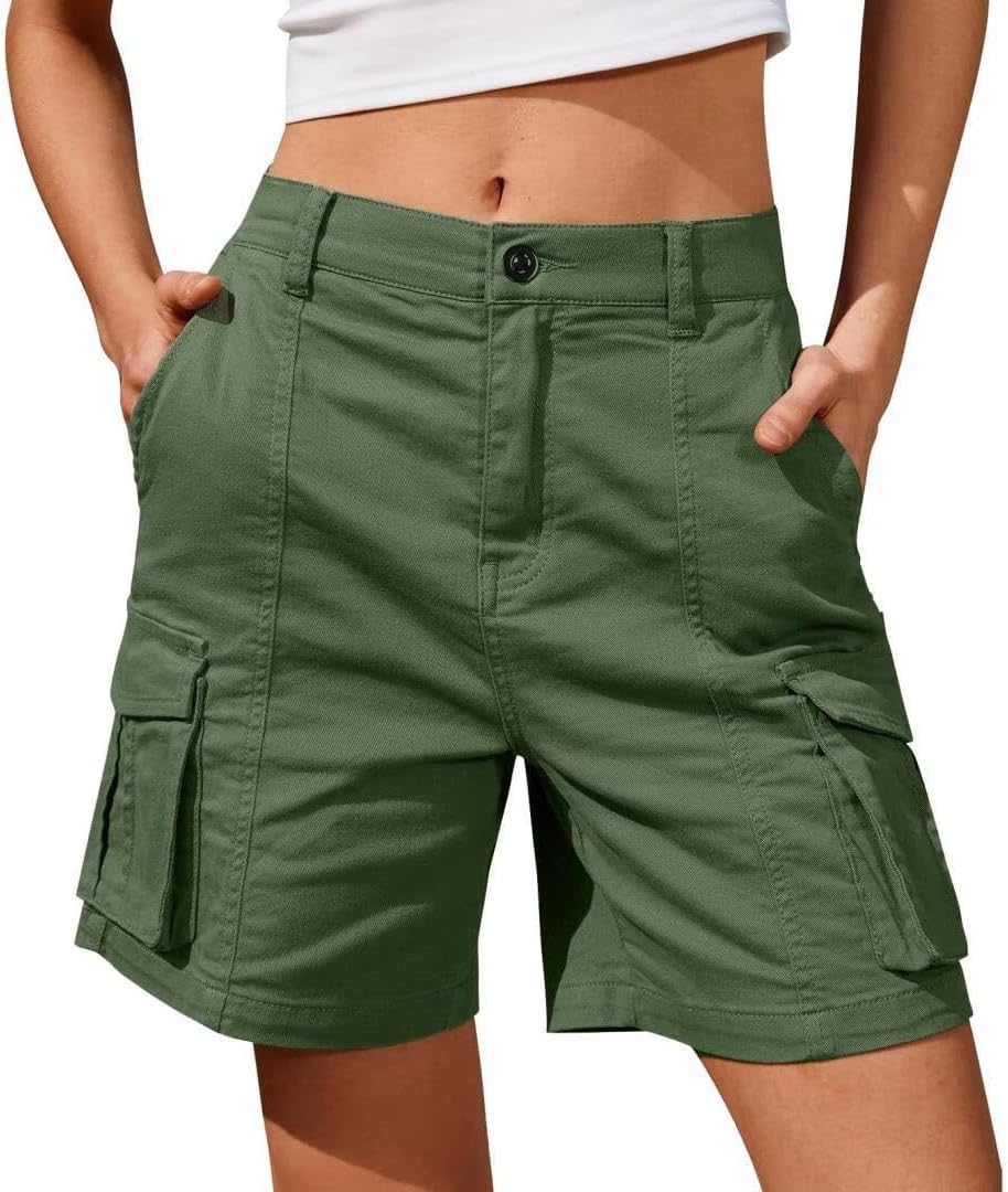 FMCHICO Shorts for Women Cargo Shorts Knee Length 6 Pockets Elastic Waist Shorts for Summer Casual