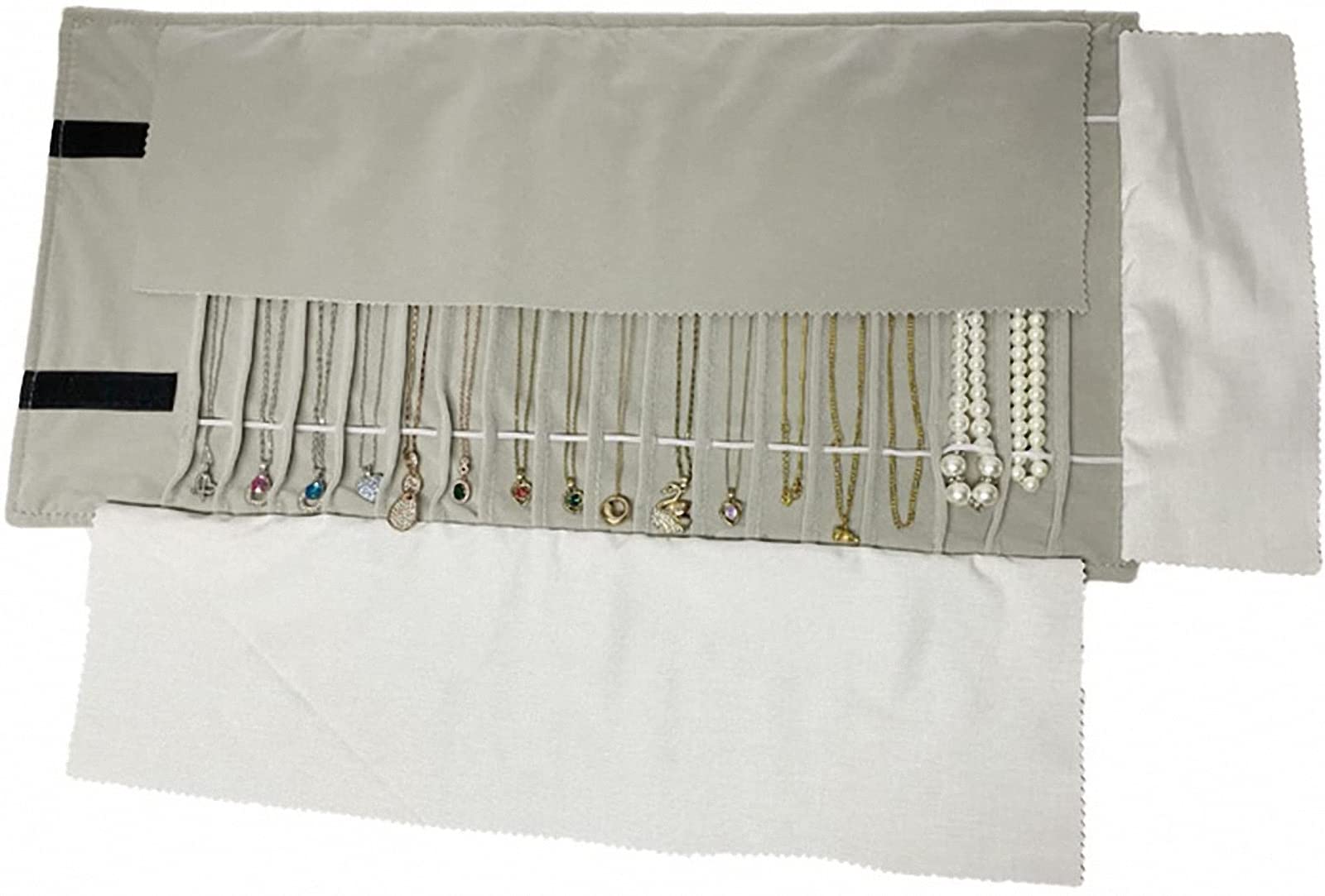Rollo de joyería, terciopelo rollo joyero, bolsa reticular de PVC transparente antipolvo, organizador de viaje para joyas, rollo joyero con bolsillos y cremallera (gris, franela)