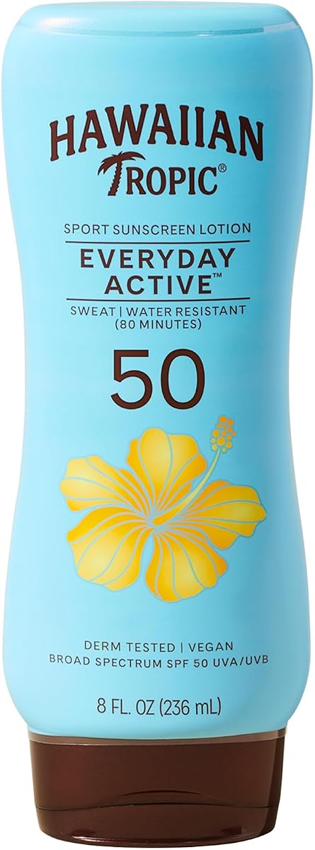 Hawaiian Tropic Everyday Active SPF 50 Sunscreen Lotion, 8 Fl Oz | Lightweight sport sunscreen, Sweat and water resistant sunblock, UVA/UVB broad spectrum protection, Iconic tropical scent