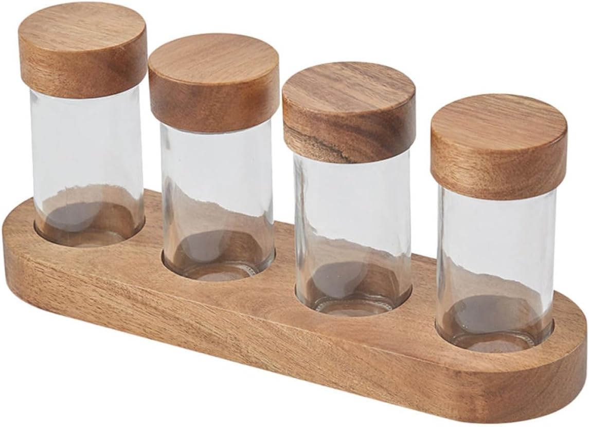 BESPORTBLE Glass Seasoning Jar Set with Acacia Wood Lids and Tray, 90ml round Glass Condiment Jars with Airtight Seal, Sugar and Salt Storage Containers for Kitchen Countertop