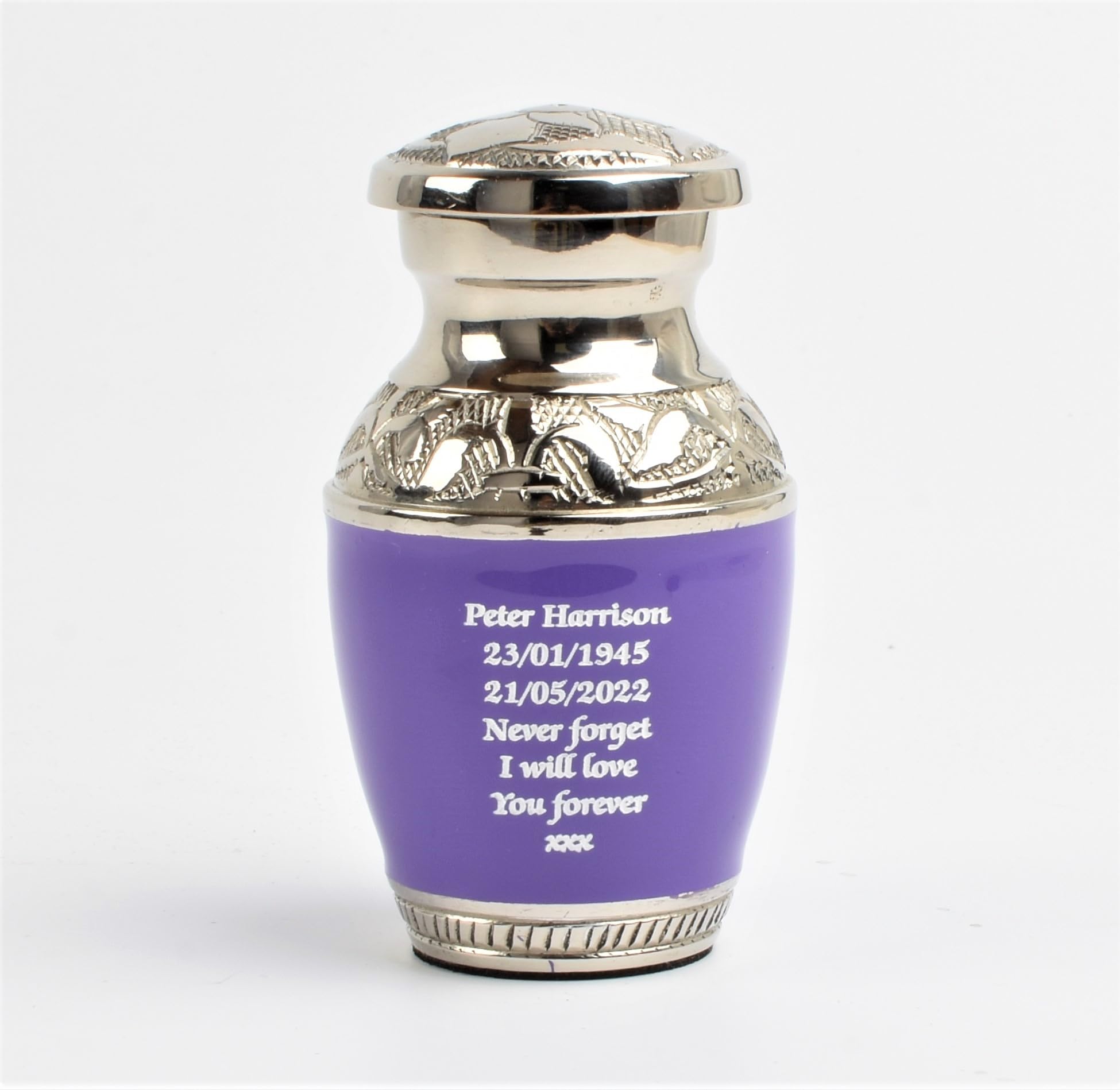 Small Keepsake Urn for Human & Pet Ashes – 3" Memorial Container With Velvet Presentation Gift Box - Capacity 7 Teaspoons - Handcrafted in Metal Aluminium Brass (Classic Purple - Text Engraved)