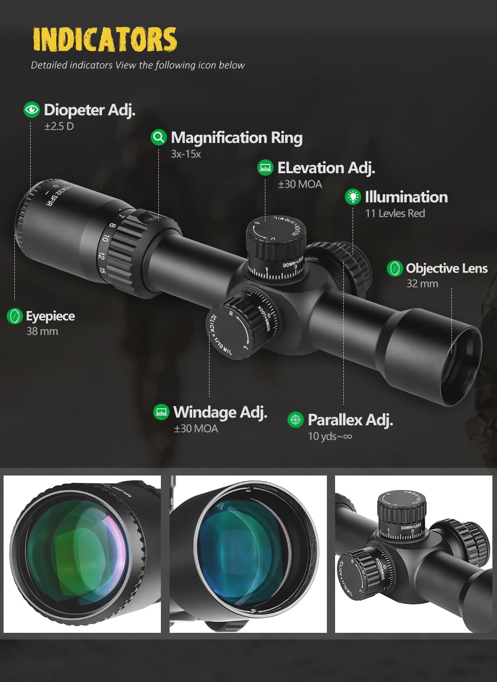 SPINA OPTICS mirino ottico 3-15x32 Mirino a Prima Focale Ottiche Fucile da Caccia con RGB Mil-dot,Impermeabile,Resistente agli urti