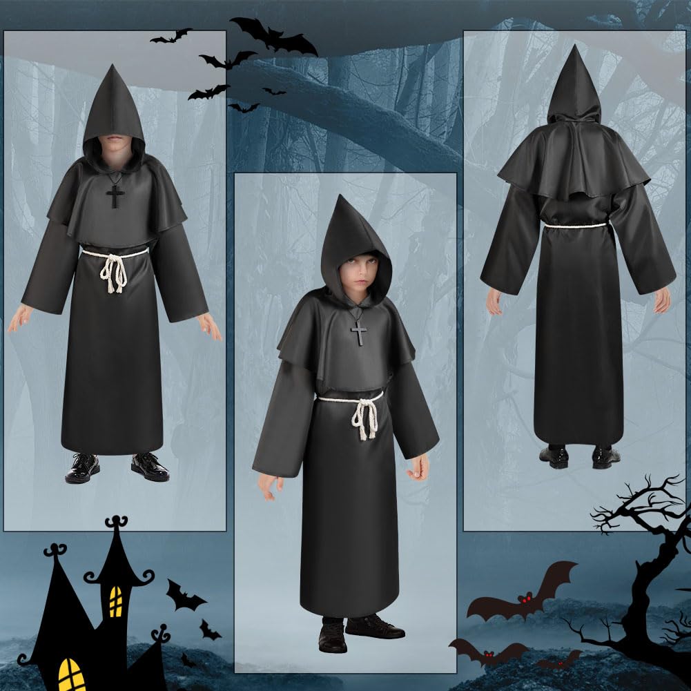 AUYAO Costume da Monaco Bambino, Medievale Halloween Monaco Sacerdote Accappatoio, Cosplay Costume Robe Mantello con Cappuccio, Abito Costume Monaco Saio Vestito da Monaco per Halloween Carnevale
