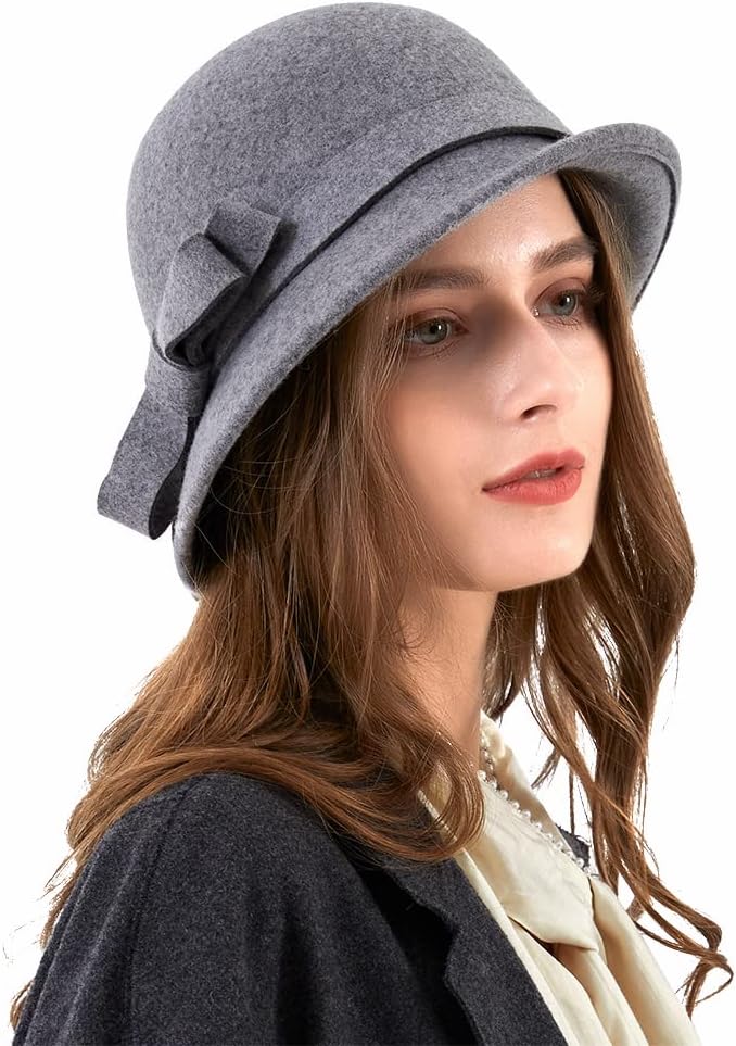 Ladies Wool Felt Bucket Hat Women Vintage Cloche Fedora Winter Church Bowler Hat with Bow - Image 2