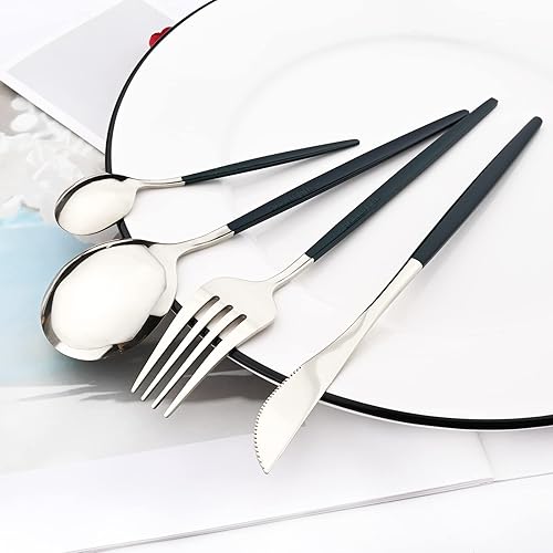 Miniatura 4 de Snplowum Juego de cubiertos de espejo, 24 piezas de cubiertos de acero inoxidable 180 con mango verde, vajilla simple y moderna para el hogar,