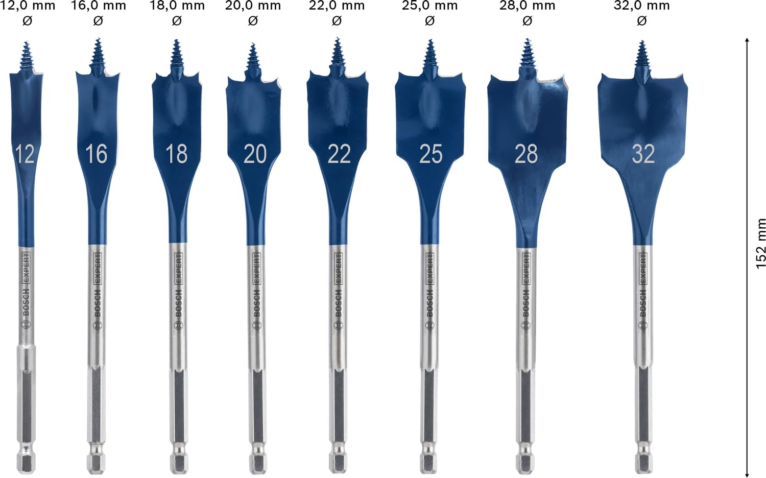 Bosch 8x Set de brocas fresadoras planas EXPERT Self Cut Speed (para Madera blanda, Aglomerado, Ø 12,0, 16,0, 18,0, 20,0, 22,0, 25,0, 28,0, 32,0 mm, Professional Accesorios Taladro)