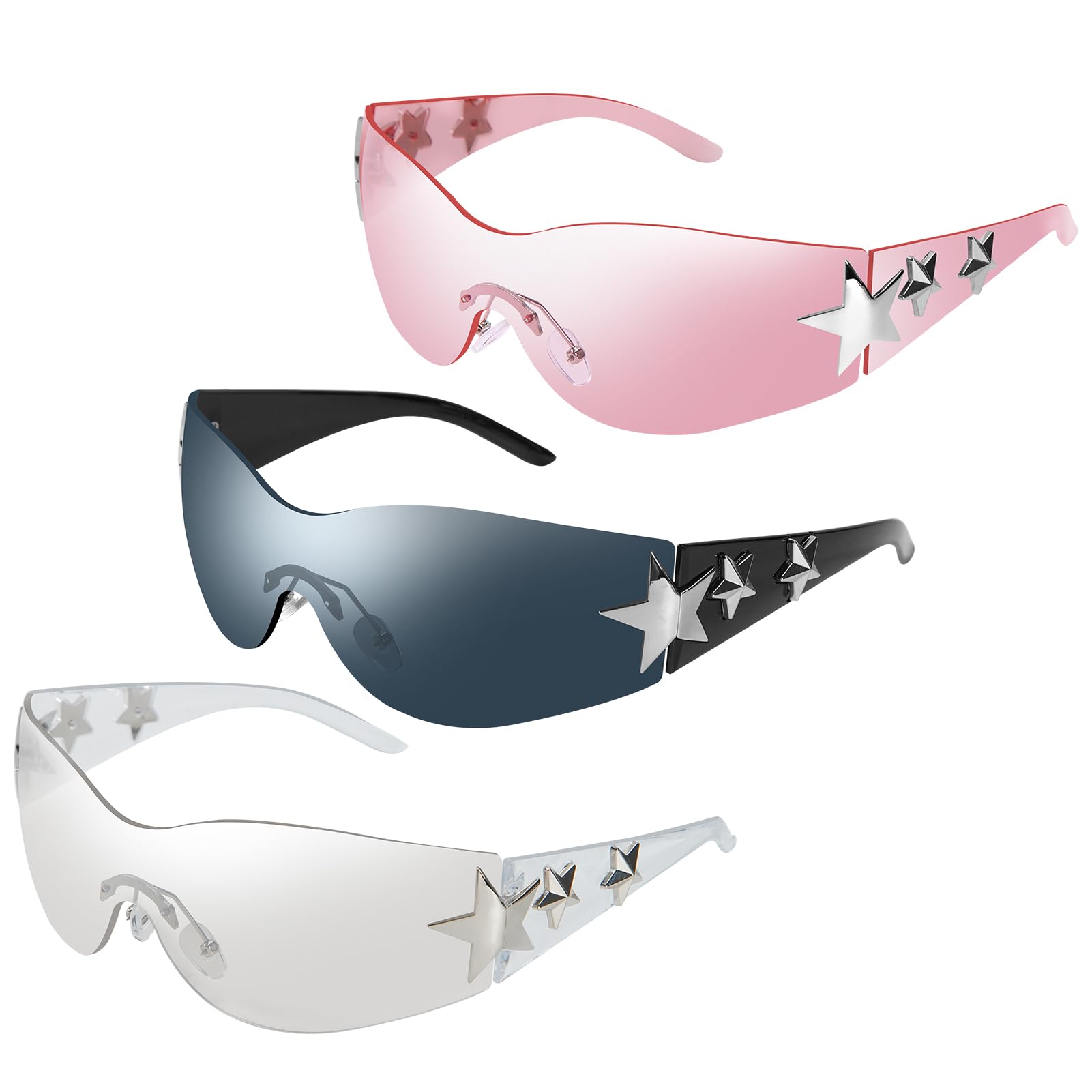 Occhiali da sole Wrap Shield oversize per ciclismo e guida, design a stella Y2K, ultra leggeri, unisex, confezione da 3