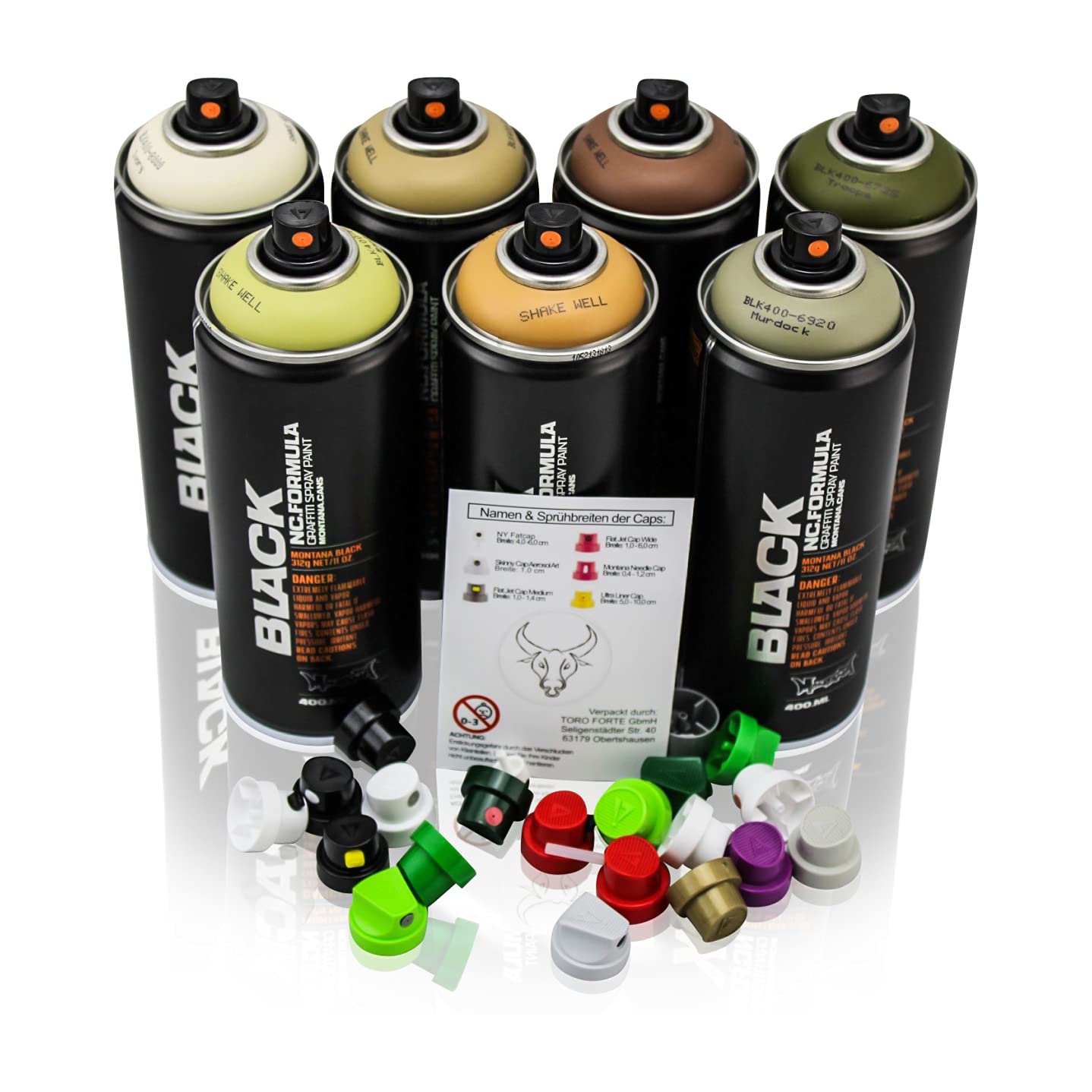 Sprühdosen Set Montana Black TARN CAMOUFLAGE Farben Graffiti inklusive Toro Forte Cap-Set