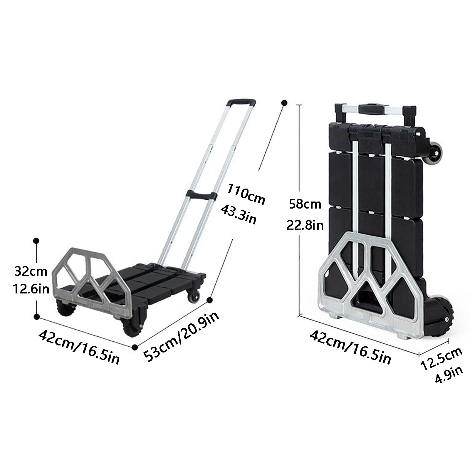 Carro de Plataforma con Ruedas, Carretilla Manual Plegable, Capacidad de Carga 100 Kg, Barra de Tracción Oculta de Aleación de Aluminio, para Compras, Mudanzas, Camping