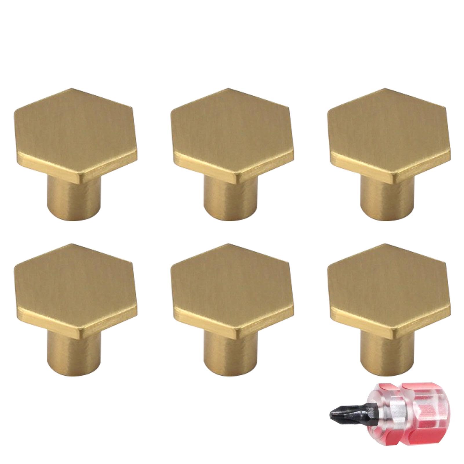 Onyxify 6Pcs Brass Cabinet Door Knob,with 6Pcs Screws and 1Pc Screwdriver, Hexagonal Gold Kitchen Door Knobs