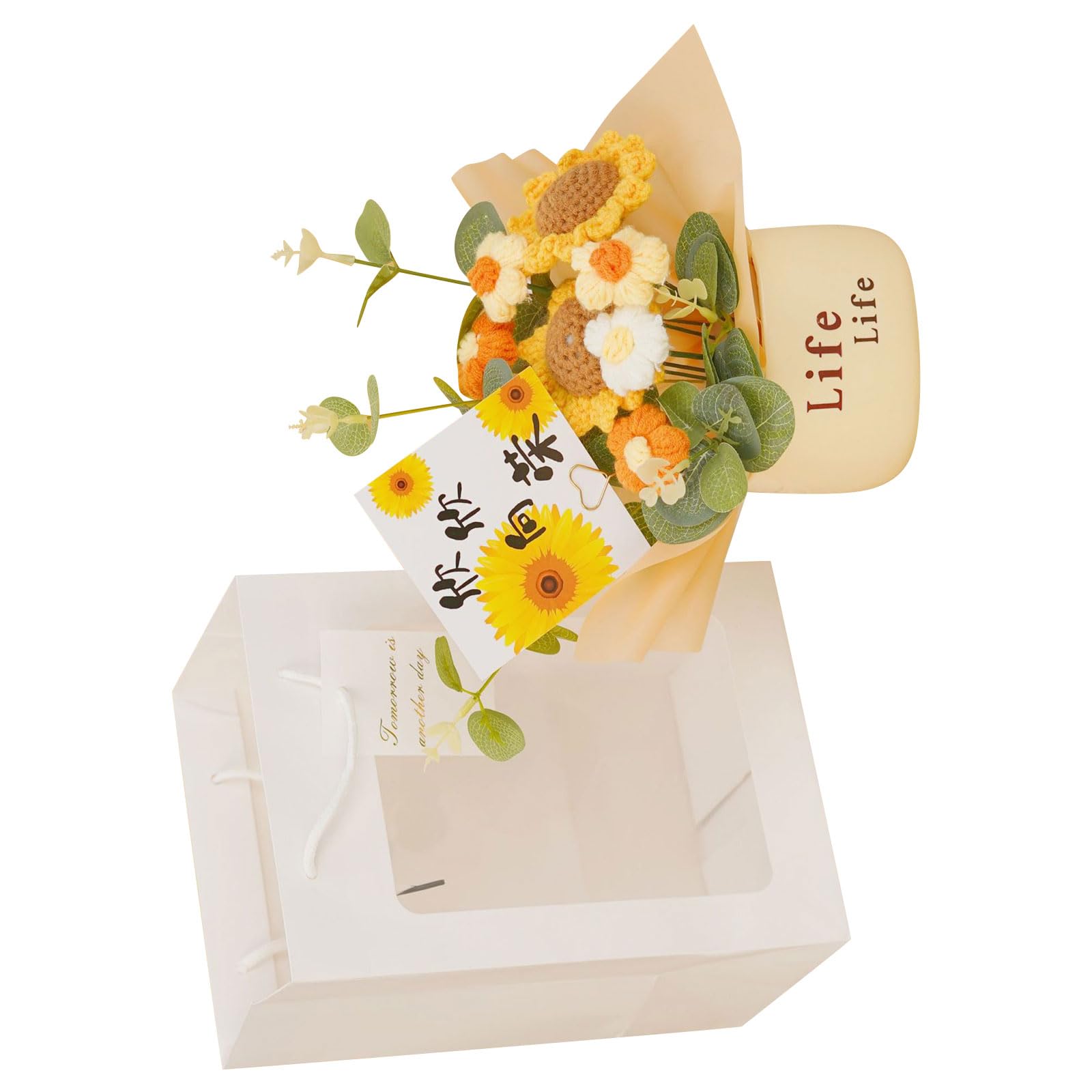 Tfaoys Xiangrikui Crochet Flower Pots Knitted Floral Bouquets Decoration For Table Desk Handwoven Faux Plant Ornament Artificial Interlaced Flowers Wedding Party Decoration Flowers