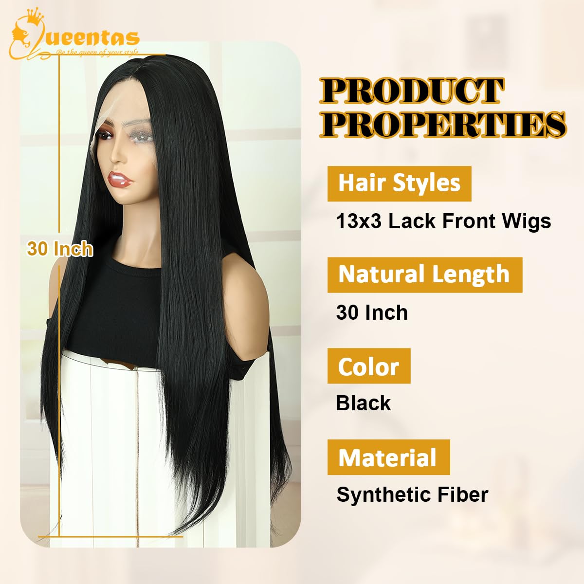 Queentas Long Black Straight Wigs for Women 13x3 Lace Front Wig Middle Part Heat Resistant Synthetic Wig with Preplucked Hairline 30 Inch for Daily Party Use (Black) - Image 4