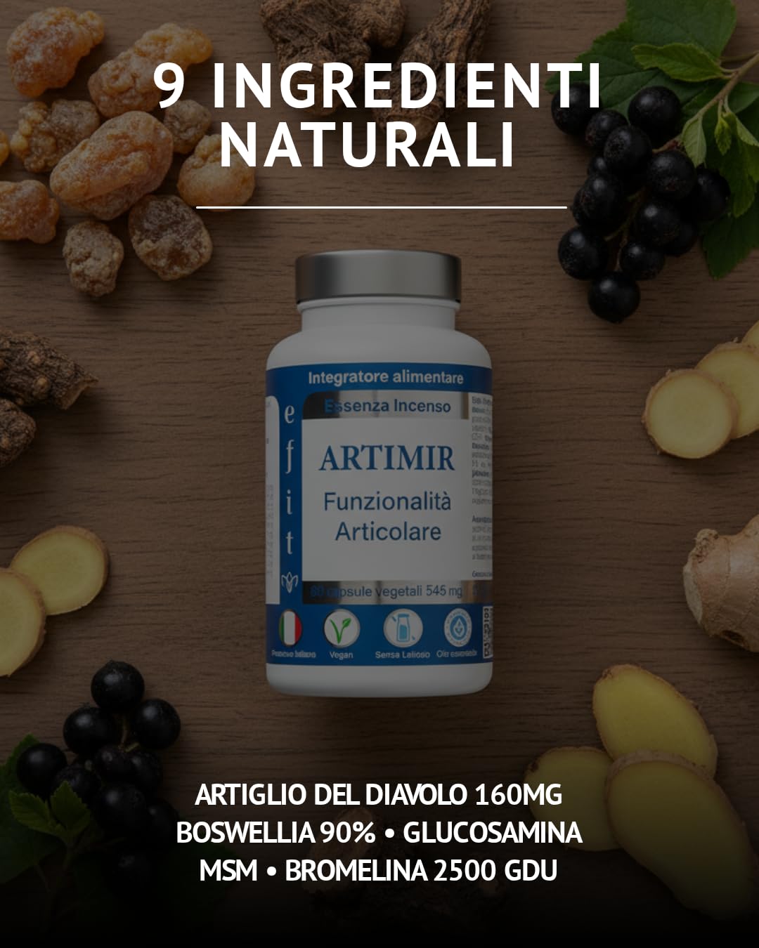 EFIT ARTIMIR Glucosamina MSM Acido Ialuronico - Integratore Articolazioni Alto Dosaggio con Boswellia Artiglio Diavolo Bromelina - Supporto Cartilagine Ossa Tendini - 60 Capsule Made in Italy