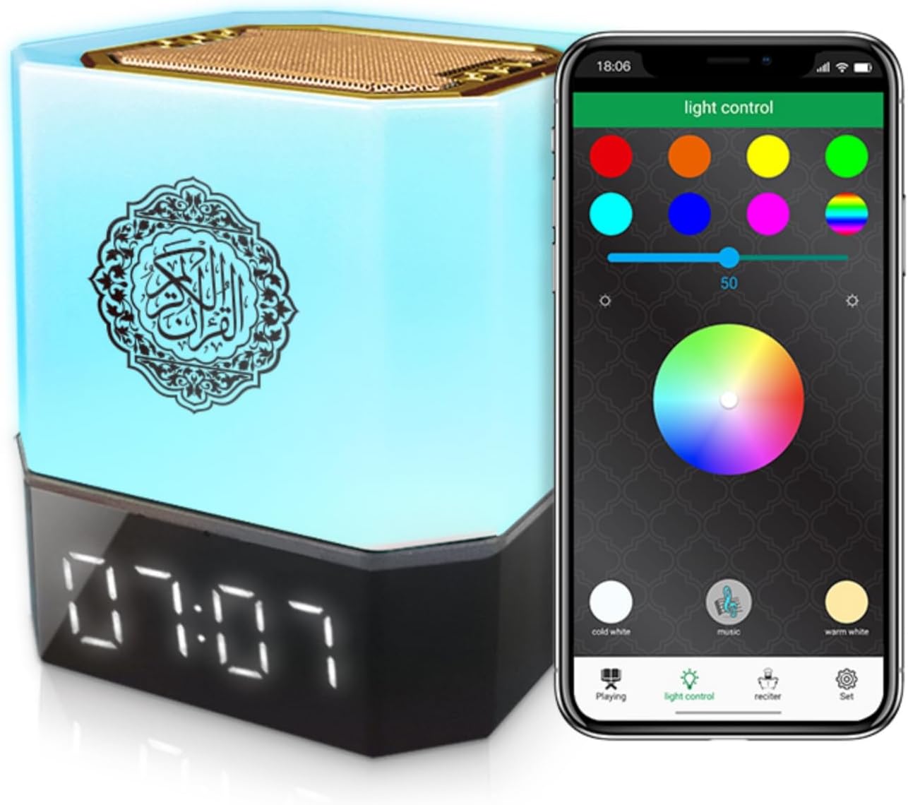 Quran Speaker - Control via Touch APP Remote - for Kids Night Light Bluetooth Speaker,The Clear AZAN Full Recitations of Famous Imams and Quran Translation