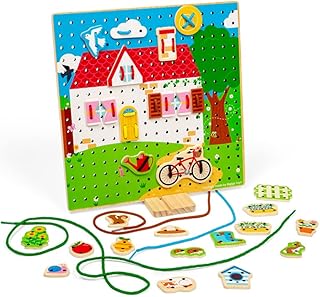 Bigjigs Toys House Lace-a-Shape Game - 30 Geometric Shape Lacing Cards & 6 Laces, Fine Motor Skills Toys, Threading Toys for 2+ Year Olds, Ideal Early Learning & Threading Toddler Toy