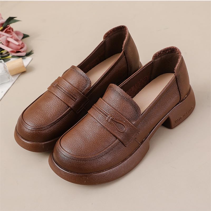 Image of Women's Penny Loafers Low Chunky Heel Brown Leather Dress Shoes for Work US Size 7.5-8