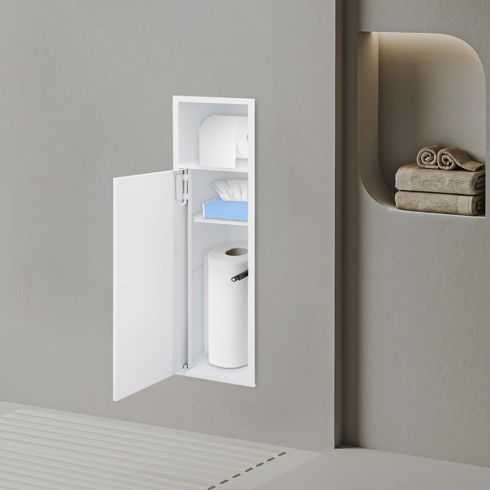 Porta carta igienica da incasso, in acciaio inox, con nicchia da parete per bagno, armadietto da bagno con ante dell'armadio, 2 ripiani + scomparto per porta, organizer da bagno per shampoo