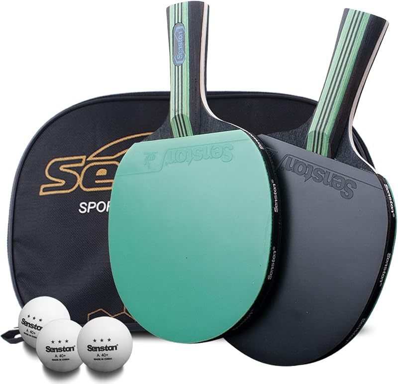 Senston Ping Pong Paddles 5-Ply Wood 2mm Sponge 2 Pack for All Skill Levels | Excellent Spin & Control; Ergonomic Comfort Grip; Great Value; Balanced Weight; Durable Gift & Family Fun; With Balls & Case