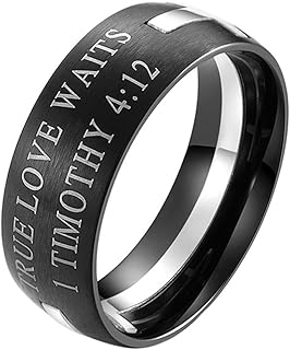Men's Stainless Steel 8MM Bible Verse Christian Purity Cross Ring Band 1 Timothy 4