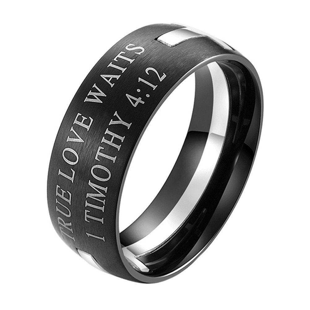 INRENGMen's Stainless Steel 8MM Bible Verse Christian Purity Cross Ring Band 1 Timothy 4:12