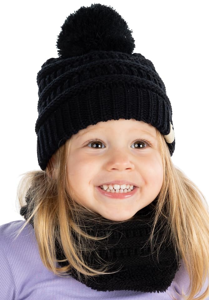 Image of Funky Junque Kids Winter Fleece Lined Neck Warmer Ribbed Knit Pom Pom Winter Beanie Bundle Cold Weather Gaiter Toddler