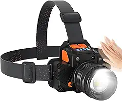Lanterna LED de Cabeça Profissional de Alcance Recarregável USB com Sensor Toque, Zoom 90 Graus, IPX4 Ideal para Pesca Ciclismo Camping Emergência