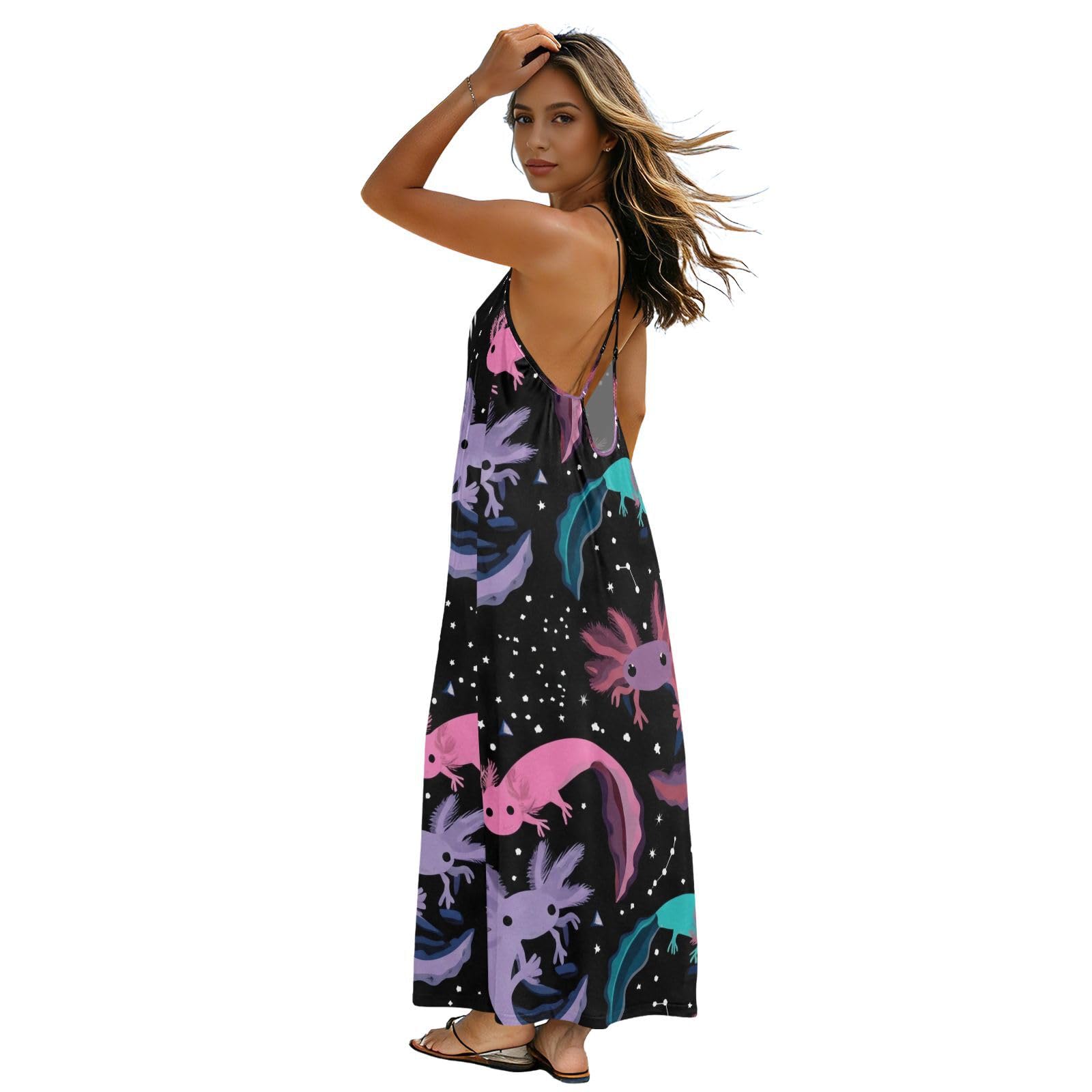 Robe longue noire dos nu avec bretelles spaghetti ajustables - 7