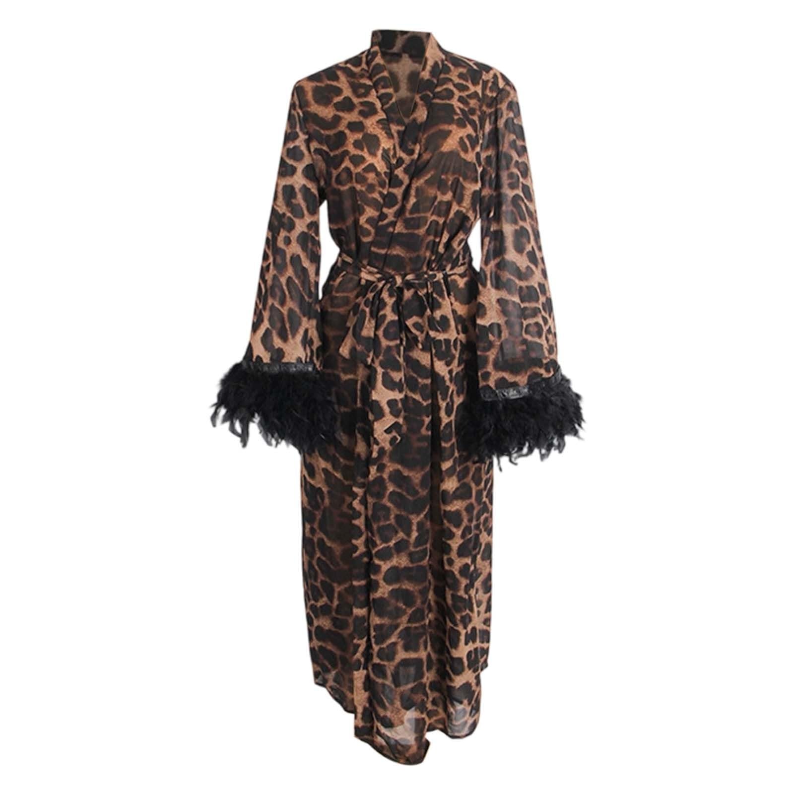 Robe de chambre sexy pour femme - Robe longue léopard avec plumes - Robe kimono en tulle - Grandes tailles - Lingerie sexy - Vêtement de nuit Curvy - Nuisette - Avec ceinture