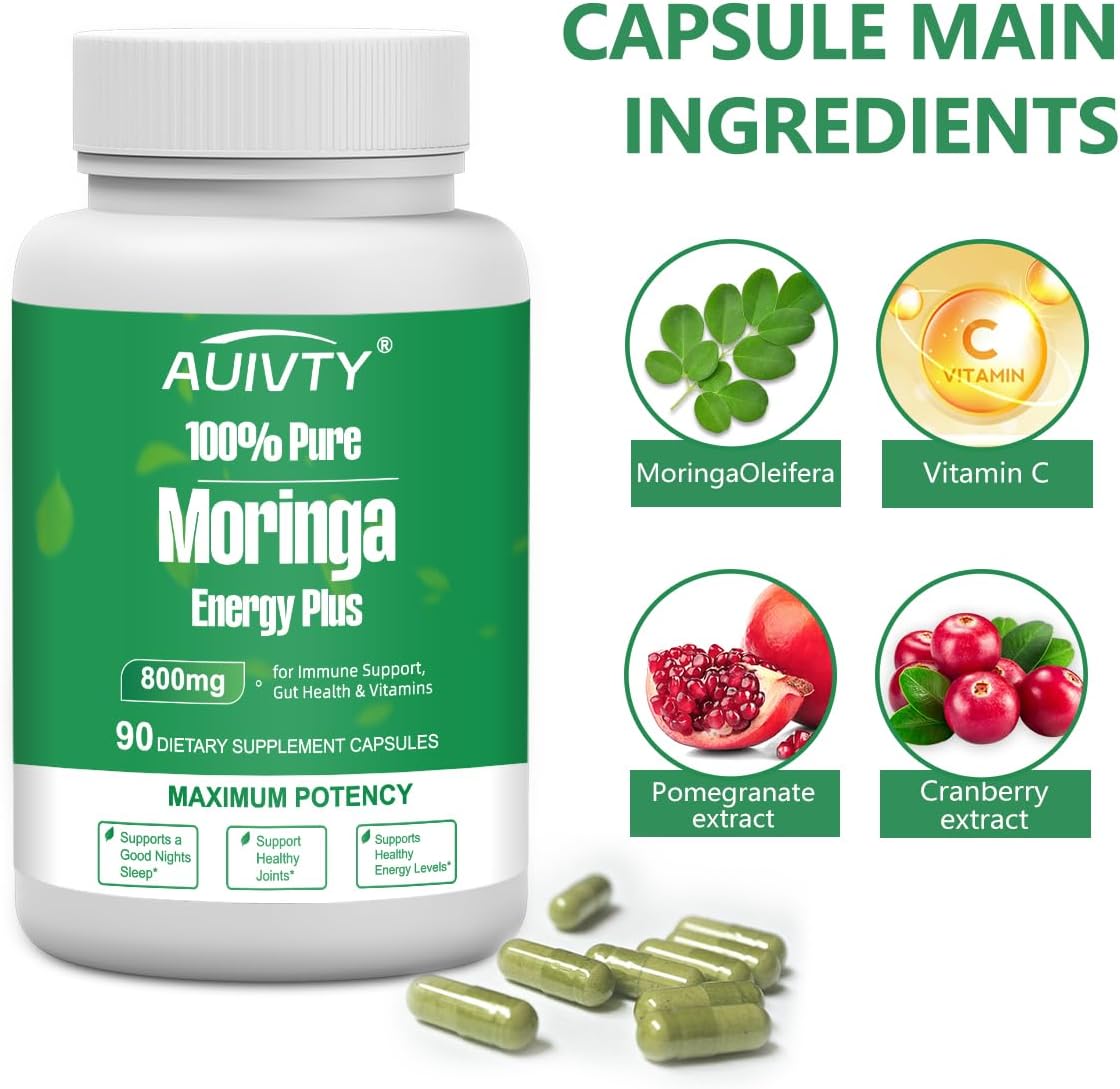 Moringa Capsules 800mg – 90 Vegan Capsules | Pure Moringa Leaf Powder Supplement for Natural Energy, Digestive Balance, Antioxidant & Daily Wellness | Non-GMO, Plant-Based, Made in USA - Image 2