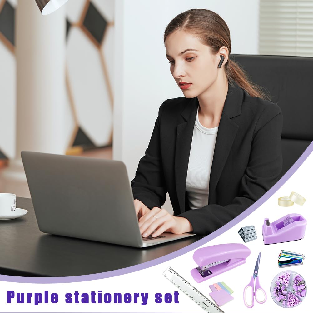 13 In 1 Purple Desk Office Supplies Set, Purple Stapler And Tape Dispenser Desk Accessories For Women With Stapler,Tape Dispenser,1000 Staple,Pen Holder,Staple Remover,Clip,Ruler,Scissor, Tab,Tape,Pen - View #12